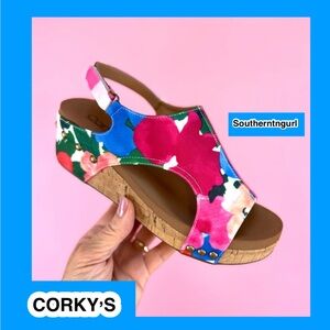 NWT  CORKY’S  Carley  “ Flowers “ Wedges Heels Sandals  Floral Multi Print